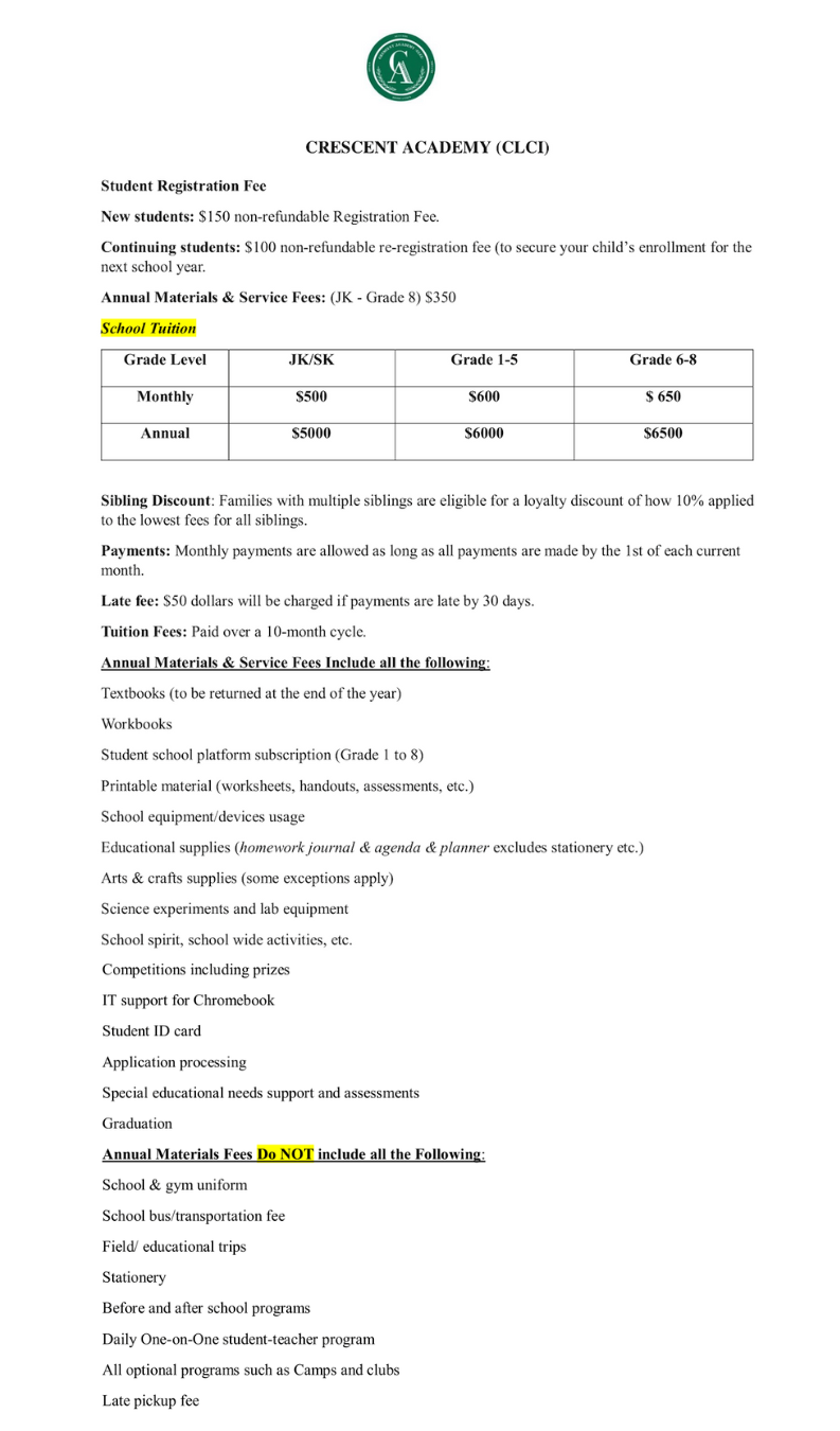 Crescent Academy Student Registration Fee 2025